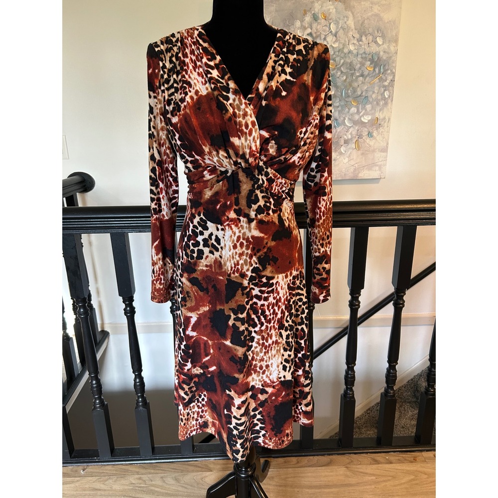 Cartise Animal Print Twist Waist Midi Dress Long Sleeve V-Neck Brown Rust Sz 8